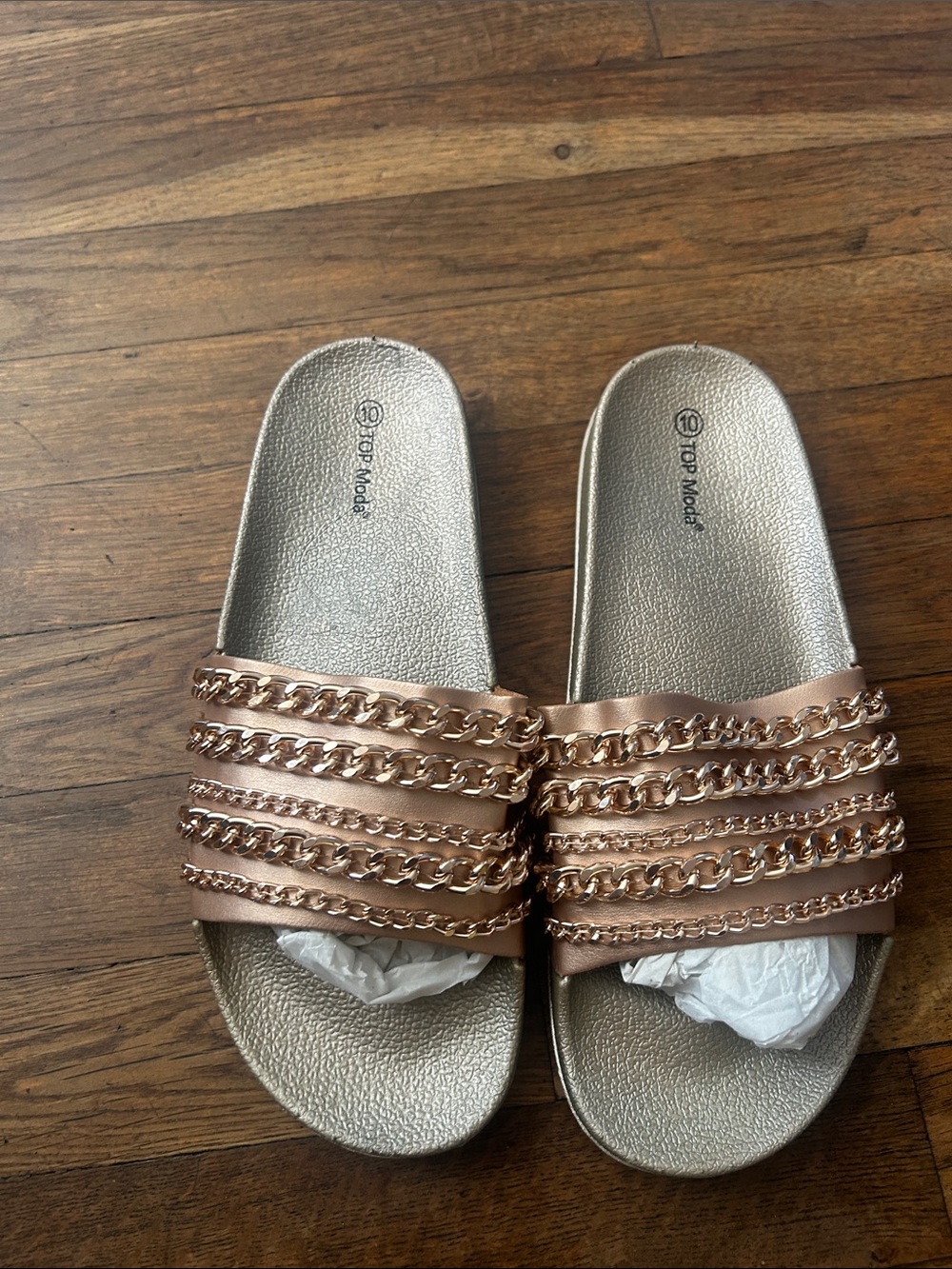 TOP Moda Metallic Rose Gold Chain Strap Slide Sandals
